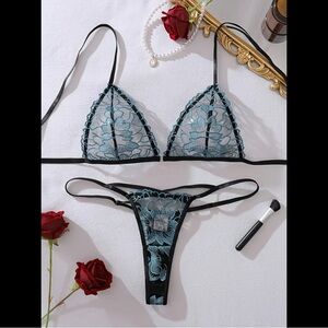 Teal & Black, Floral Lace, Lingerie Set
